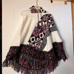 Colorful Patterned Poncho with Fringe